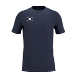 The Gilbert Atom Tee Shirt by Gilbert in Dark Navy features moisture-wicking fabric and a small white abstract logo on the left chest, shown against a white background.