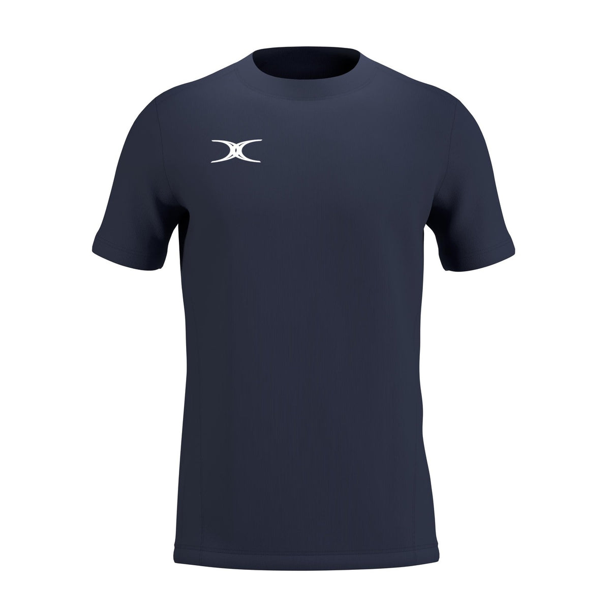 The Gilbert Atom Tee Shirt by Gilbert in Dark Navy features moisture-wicking fabric and a small white abstract logo on the left chest, shown against a white background.