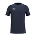 The Gilbert Atom Tee Shirt by Gilbert in Dark Navy features moisture-wicking fabric and a small white abstract logo on the left chest, shown against a white background.