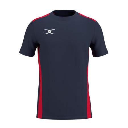 The Gilbert Atom Tee Shirt by Gilbert features dark navy and red colors, short sleeves, moisture-wicking fabric, red side panels and shoulder accents, and a white stylized logo on the left chest. Displayed on a plain white background.