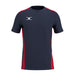 The Gilbert Atom Tee Shirt by Gilbert features dark navy and red colors, short sleeves, moisture-wicking fabric, red side panels and shoulder accents, and a white stylized logo on the left chest. Displayed on a plain white background.