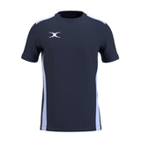 The Gilbert Atom Tee Shirt by Gilbert features short sleeves, a crew neckline, and a modern design in Dark Navy/Sky with moisture-wicking fabric and a white logo on the chest for active comfort.