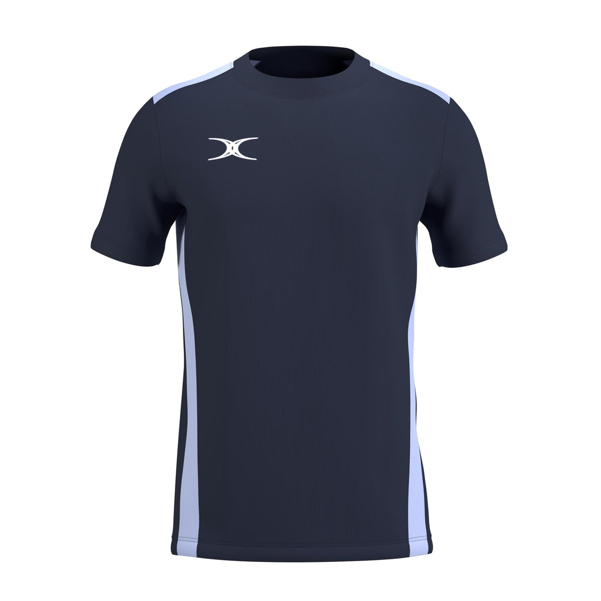 The Gilbert Atom Tee Shirt by Gilbert features short sleeves, a crew neckline, and a modern design in Dark Navy/Sky with moisture-wicking fabric and a white logo on the chest for active comfort.