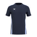The Gilbert Atom Tee Shirt by Gilbert features short sleeves, a crew neckline, and a modern design in Dark Navy/Sky with moisture-wicking fabric and a white logo on the chest for active comfort.