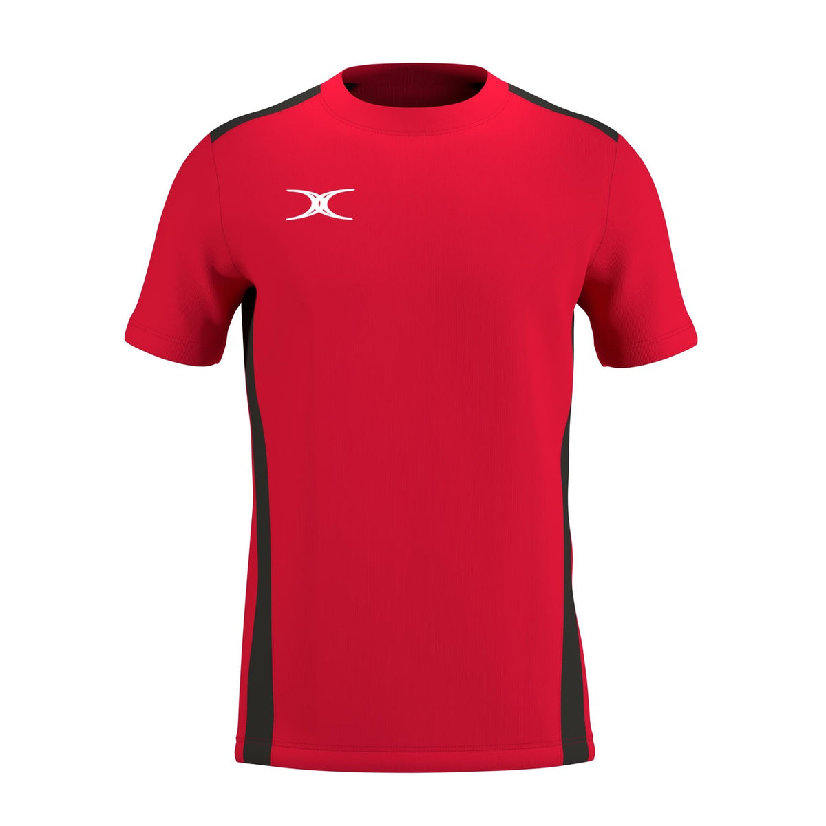 The Gilbert Atom Tee Shirt by Gilbert features a red/black design with black side panels and a small white logo on the upper left chest, offering moisture-wicking comfort perfect for workouts.