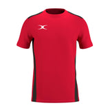 The Gilbert Atom Tee Shirt by Gilbert features a red/black design with black side panels and a small white logo on the upper left chest, offering moisture-wicking comfort perfect for workouts.