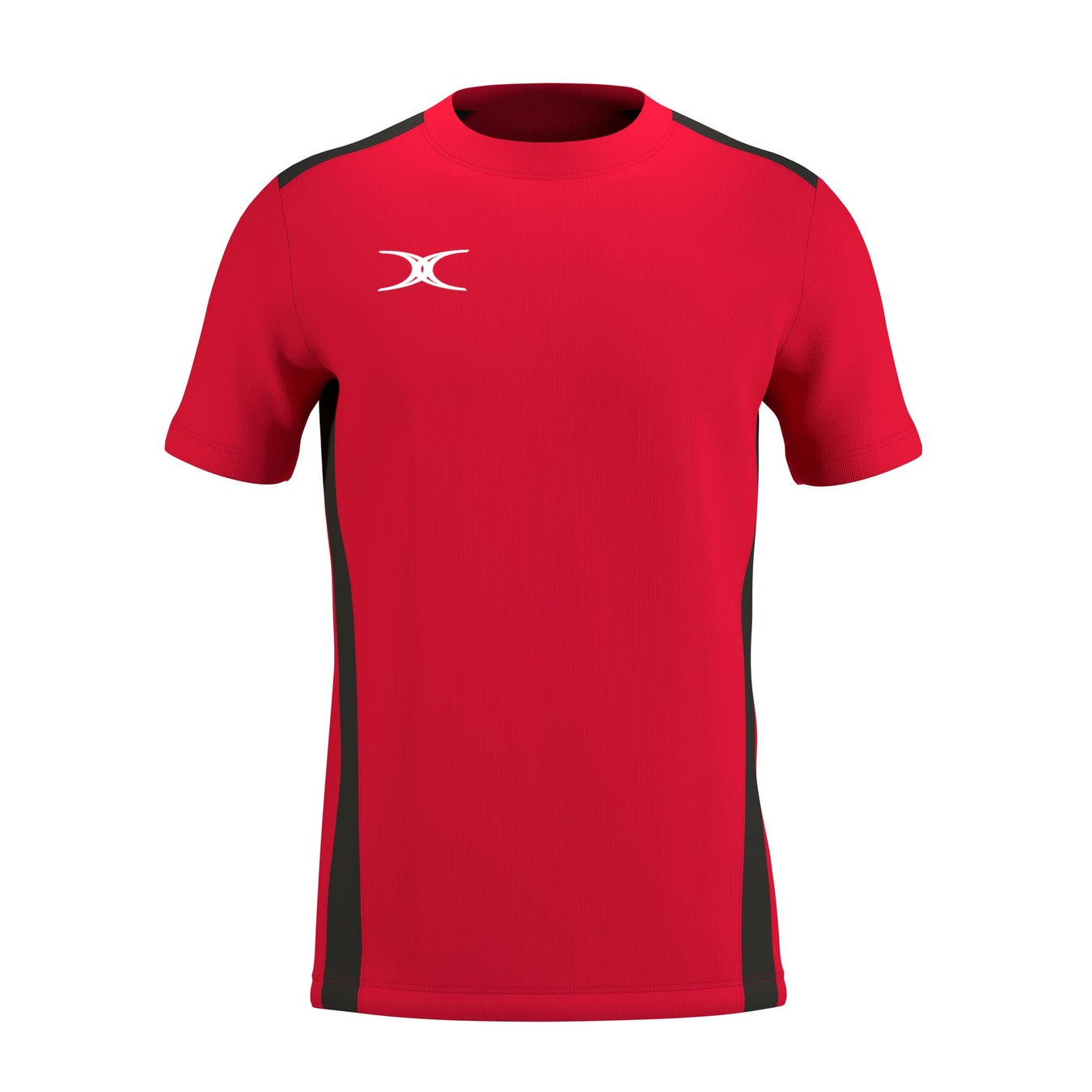 The Gilbert Atom Tee Shirt by Gilbert features a red/black design with black side panels and a small white logo on the upper left chest, offering moisture-wicking comfort perfect for workouts.