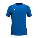 The Gilbert Atom Tee Shirt by Gilbert comes in Royal/Dark Navy, featuring short sleeves, a fitted design, a crew neckline, and a small white logo on the chest. Its moisture-wicking fabric ensures active comfort.