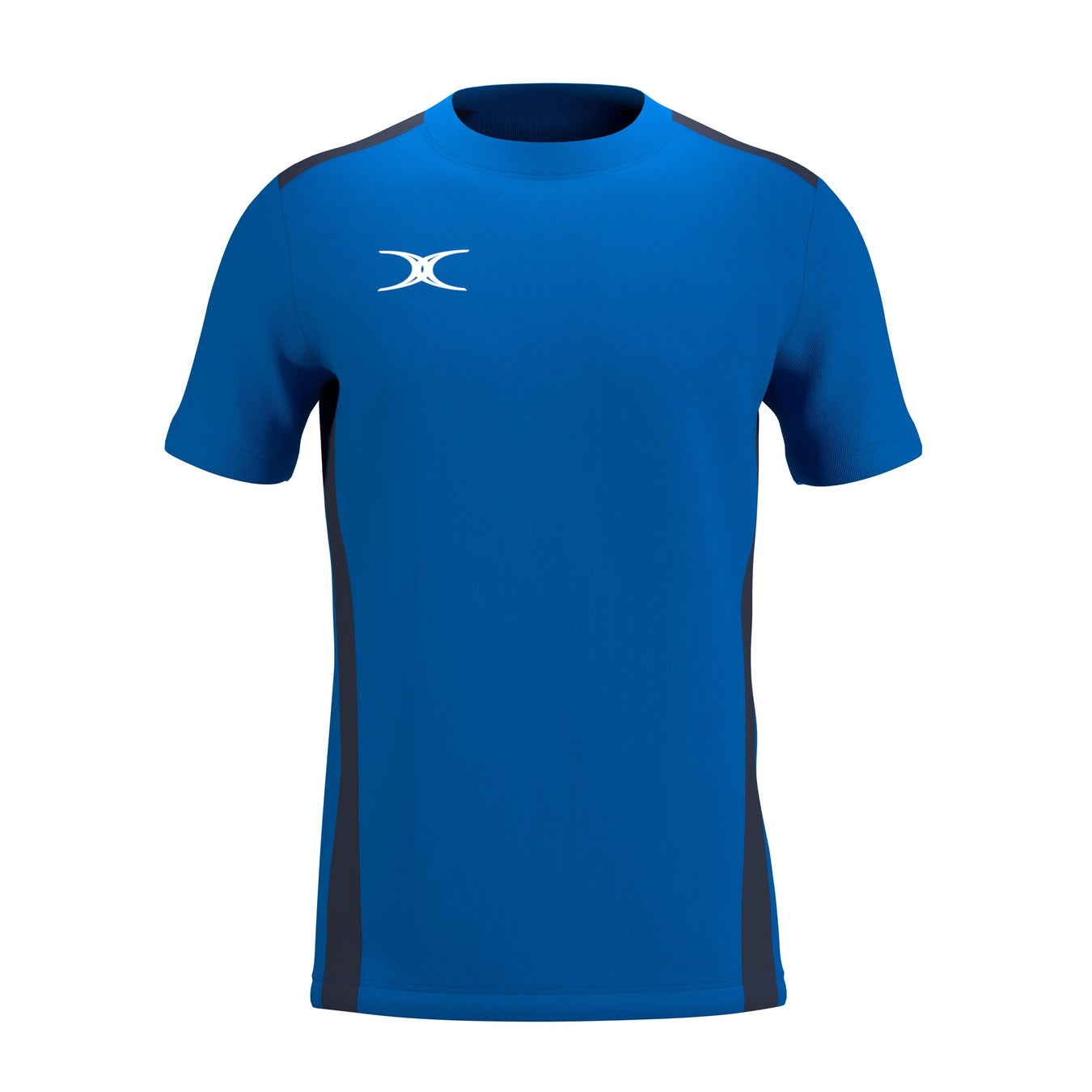 The Gilbert Atom Tee Shirt by Gilbert comes in Royal/Dark Navy, featuring short sleeves, a fitted design, a crew neckline, and a small white logo on the chest. Its moisture-wicking fabric ensures active comfort.