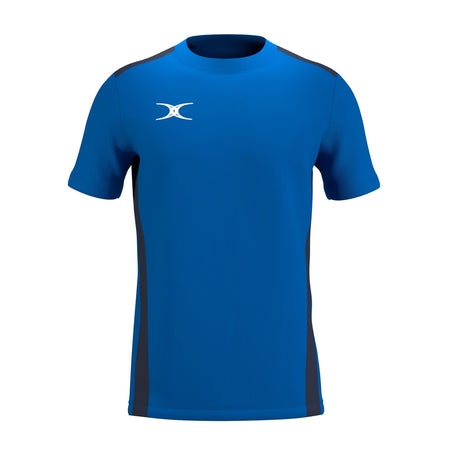 The Gilbert Atom Tee Shirt by Gilbert comes in Royal/Dark Navy, featuring short sleeves, a fitted design, a crew neckline, and a small white logo on the chest. Its moisture-wicking fabric ensures active comfort.