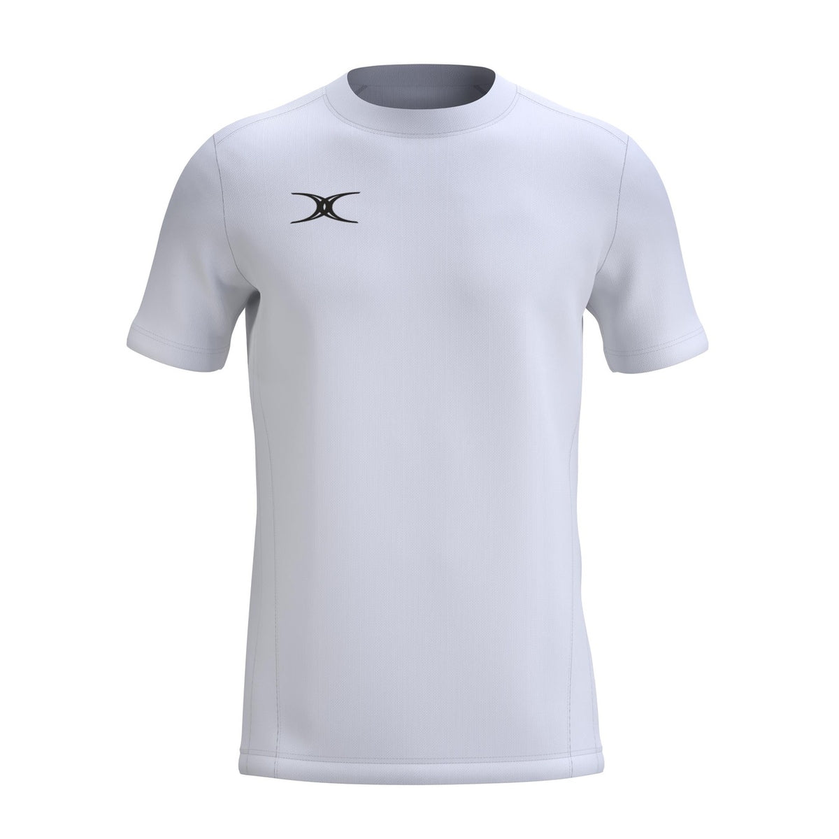The Gilbert Atom Tee Shirt by Gilbert is a white, short-sleeve moisture-wicking tee featuring a small black abstract logo on the left chest, shown against a white background.