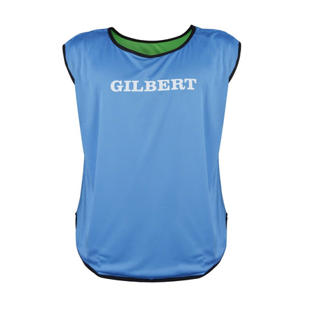 The Gilbert Rugby Reversible Training Bib is a sleeveless adult team bib in blue with black trim and "GILBERT" in white across the chest, shown on a white background.