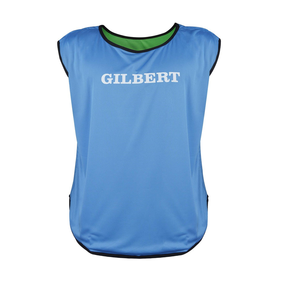 The Gilbert Rugby Reversible Training Bib is a sleeveless adult team bib in blue with black trim and "GILBERT" in white across the chest, shown on a white background.