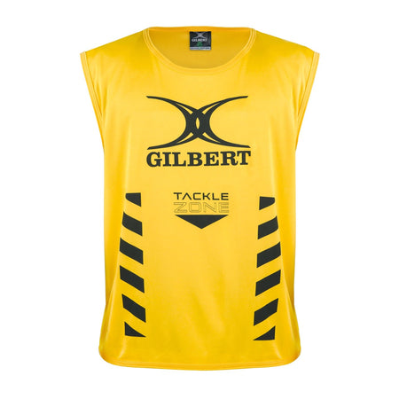 The Gilbert Tackle Zone Bib is a sleeveless yellow rugby training bib with "GILBERT" and "TACKLE ZONE" printed in black, black chevrons on the sides, and a black logo—ideal for practicing tackle height regulations.