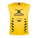 The Gilbert Tackle Zone Bib is a sleeveless yellow rugby training bib with "GILBERT" and "TACKLE ZONE" printed in black, black chevrons on the sides, and a black logo—ideal for practicing tackle height regulations.