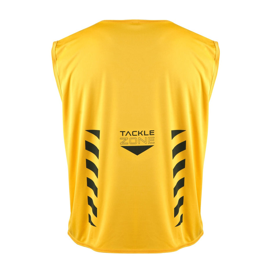 The Gilbert Tackle Zone Bib by Gilbert is a sleeveless yellow sports jersey featuring black chevrons and "TACKLE ZONE" on the back—perfect for rugby training and teaching tackle height regulations.
