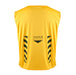 The Gilbert Tackle Zone Bib by Gilbert is a sleeveless yellow sports jersey featuring black chevrons and "TACKLE ZONE" on the back—perfect for rugby training and teaching tackle height regulations.