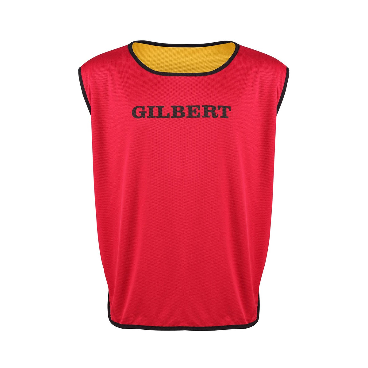 The Gilbert Rugby Reversible Training Bib by Gilbert features a red exterior with black trim, bold GILBERT chest print, and a yellow inner lining—perfect for adult team sessions. Shown against a plain white background.