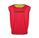 The Gilbert Rugby Reversible Training Bib by Gilbert features a red exterior with black trim, bold GILBERT chest print, and a yellow inner lining—perfect for adult team sessions. Shown against a plain white background.