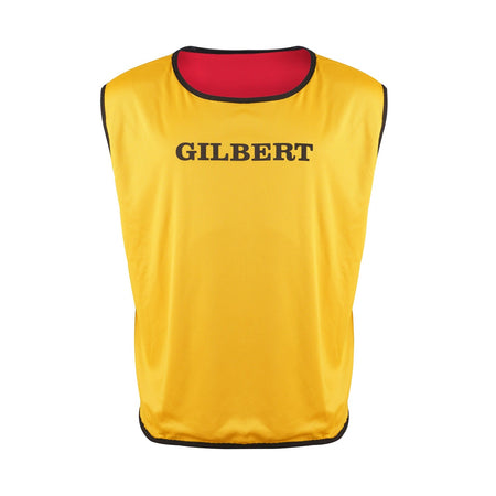 The Gilbert Rugby Reversible Training Bib features red and yellow colors, black trim, and bold "GILBERT" branding—ideal for adult team practice with its versatile reversible design.