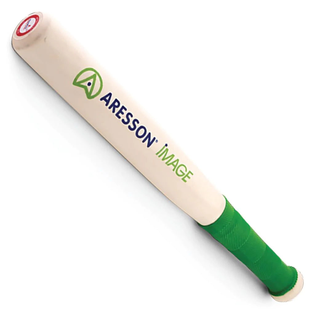 The Aresson Image Rounders Bat by Aresson features a light wooden body, green grip, and printed branding—ideal as a training bat for all skill levels.