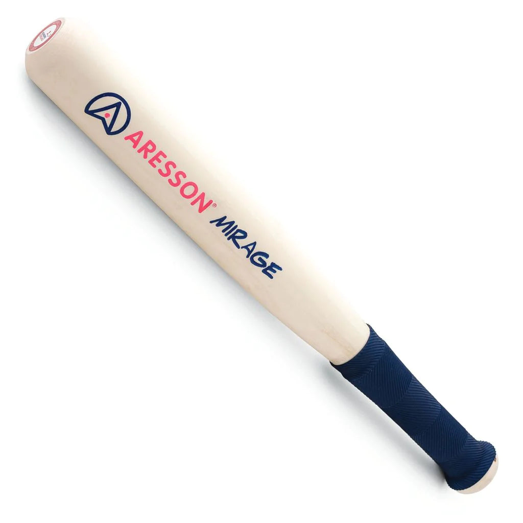 The Aresson Mirage Rounders Bat by Aresson is white with a spliced handle, blue non-slip grip, and "ARESSON MIRAGE" in red and blue lettering on the side, pictured on a white background.