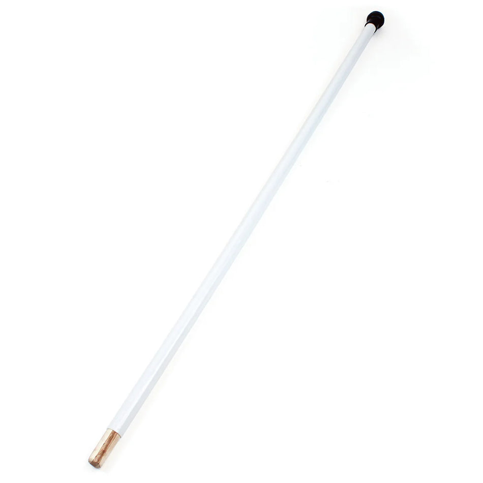 An Aresson Wooden Rounders Post with Safety Pommel (1.2m) by Aresson is placed diagonally on a white background, featuring a black safety pommel at one end and a metallic-look section at the other.
