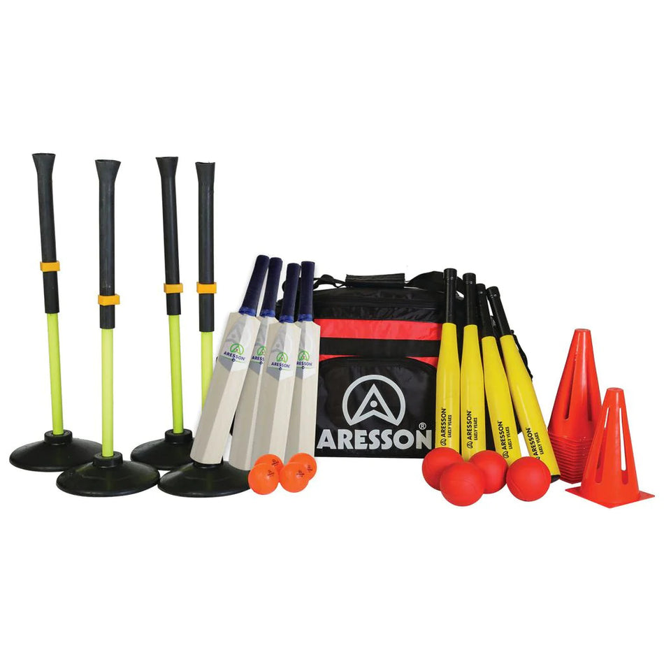 The Aresson Primary Starter Rounders Set includes 4 batting tees, 4 bats, 4 yellow foam bats, 4 orange cones, 4 red balls, 2 orange balls, and a black and red Aresson-branded carrying bag.