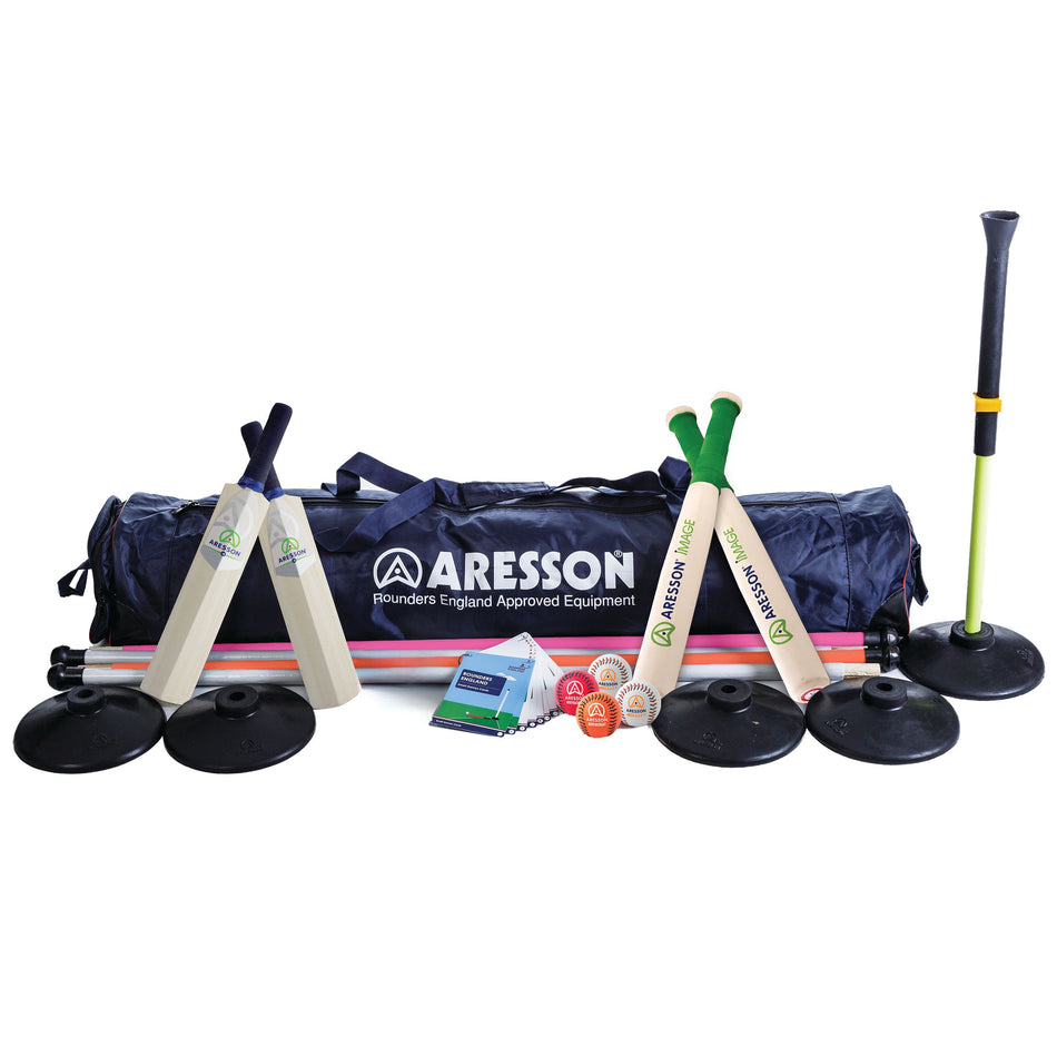 The Aresson Rounders Games Set by Aresson includes bats, balls, posts, bases, a scorebook, and a large navy bag, all displayed on a white background—ideal senior sports equipment for batting and fielding practice.