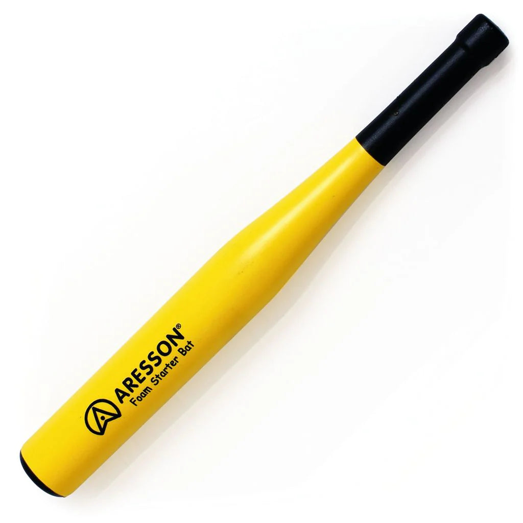 The Aresson Foam Starter Rounders Bat features a yellow barrel with black handle and end cap. The Aresson brand name and logo are printed in black on the barrel. Lightweight and ideal for beginners, it is shown on a white background.
