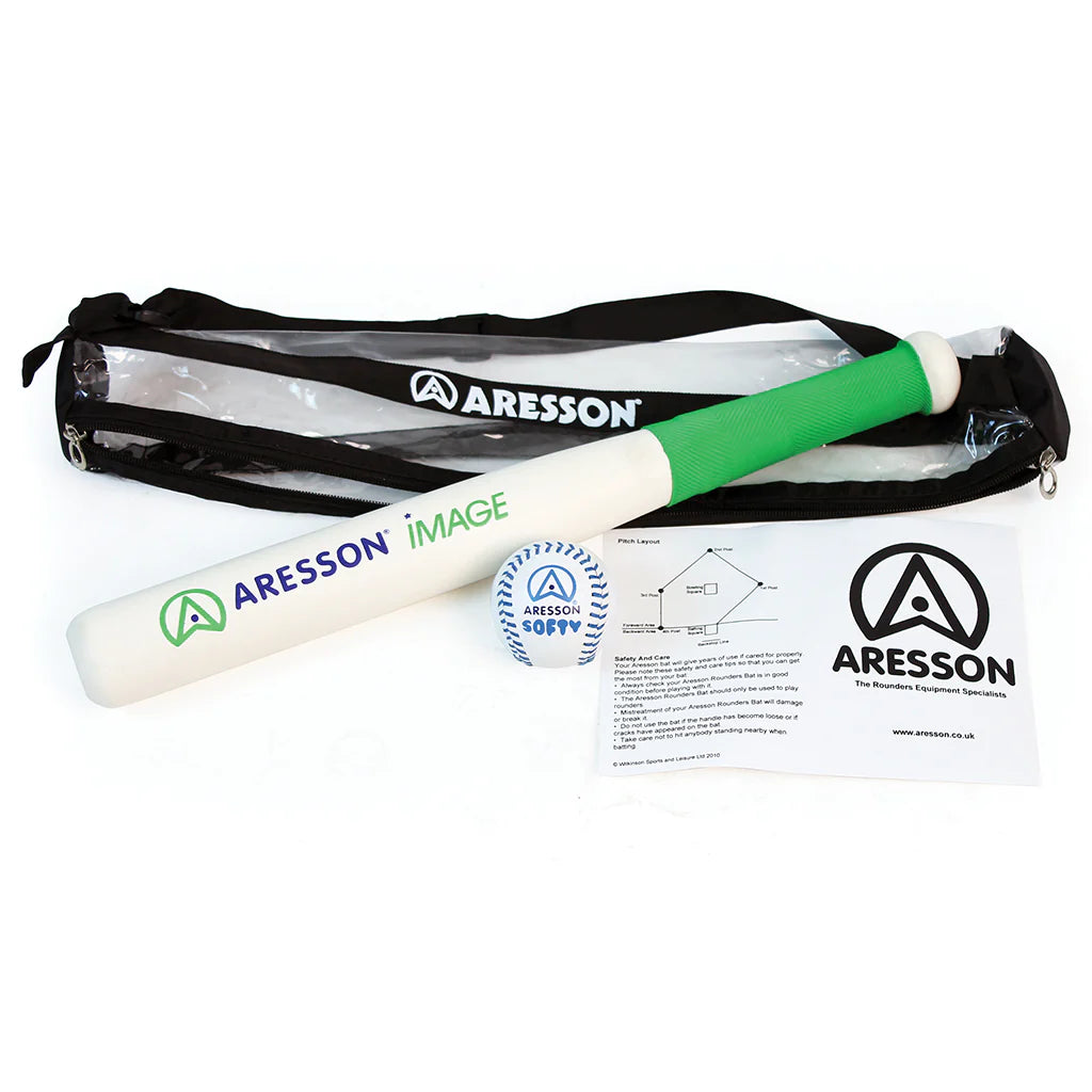The Aresson Image Bat & Ball Pack includes a white and green bat, a white ball, black Aresson-branded bag, and an instruction sheet—perfect for cricket-style fun in the garden.