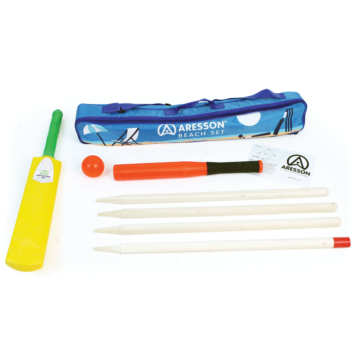 The Aresson Beach Rounders Set includes a yellow bat with green handle, orange ball, four white stumps, one white bail, instruction sheet, and blue carry bag—ideal for cricket or rounders on the beach.