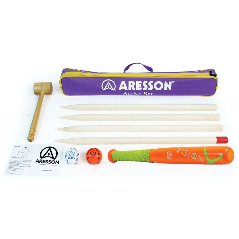 The Aresson Active Rounders Set by Aresson includes a wooden bat, ball, base posts, mallet, two white marker discs, instructions, and a handy purple carry bag—everything needed for an exciting rounders game. Shown on a white background.