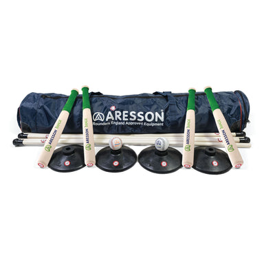 The Aresson Teambuilder Rounders Set includes four bats, four bases, several white poles, and a large navy Aresson carrying bag—ideal for secondary school practice games and neatly arranged for display.
