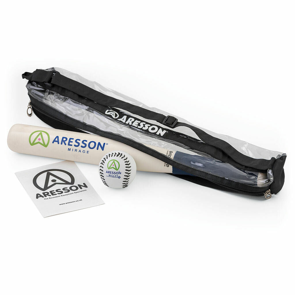 The Aresson Mirage Bat & Ball Pack includes an Aresson Mirage Rounders Bat, a Bullet Rounders Ball with black stitching, and an instruction leaflet in a clear zippered bag—all from the trusted brand Aresson.