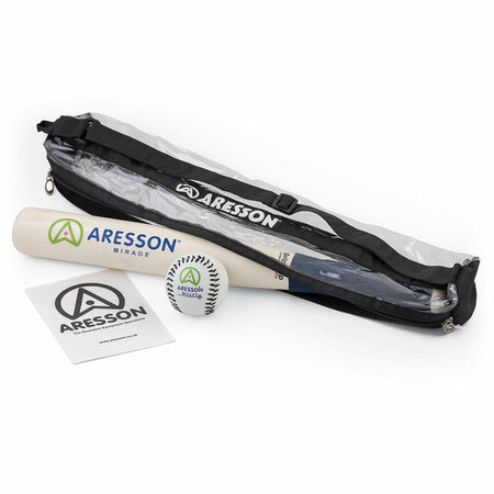 The Aresson Mirage Bat & Ball Pack includes an Aresson Mirage Rounders Bat, a Bullet Rounders Ball with black stitching, and an instruction leaflet in a clear zippered bag—all from the trusted brand Aresson.