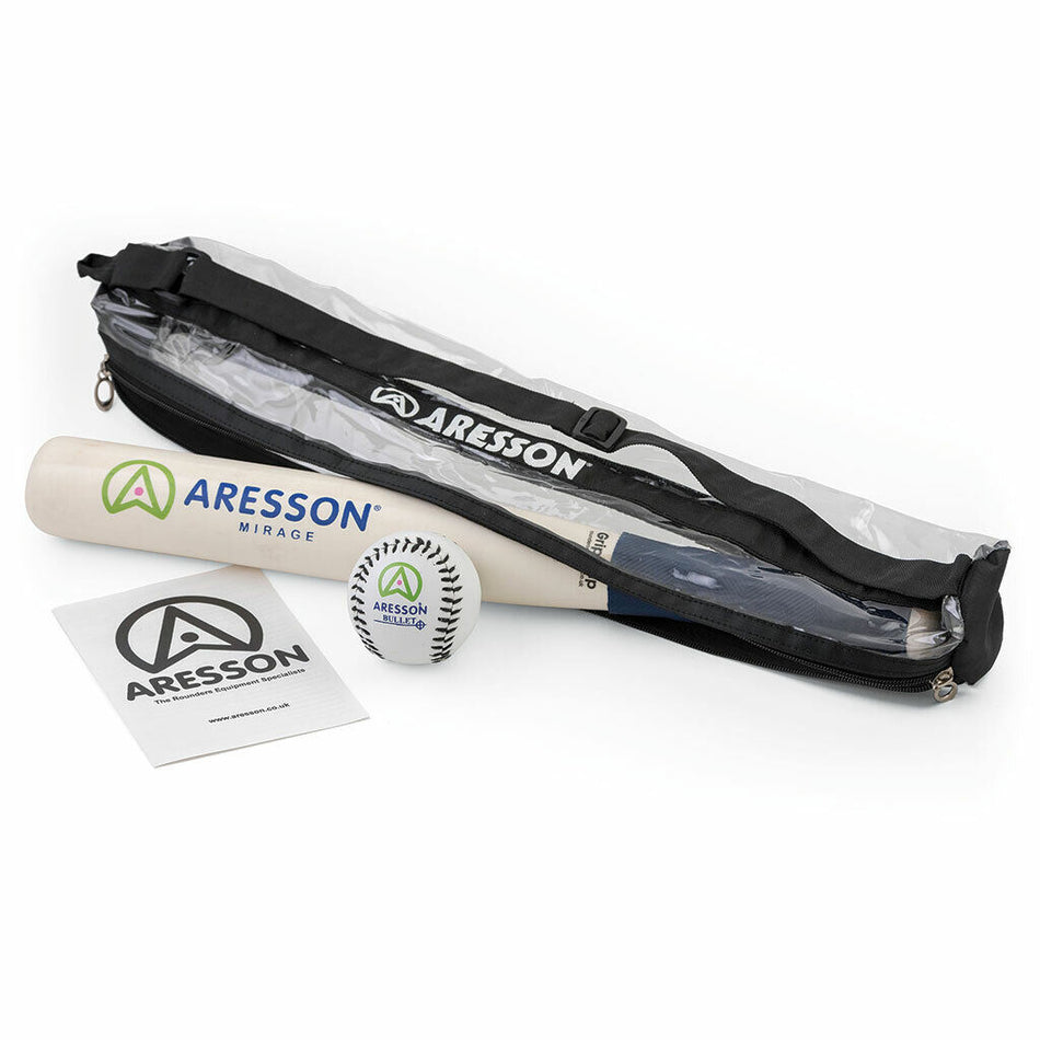 The Aresson Mirage Bat & Ball Pack includes an Aresson Mirage Rounders Bat, a Bullet Rounders Ball with black stitching, and an instruction leaflet in a clear zippered bag—all from the trusted brand Aresson.