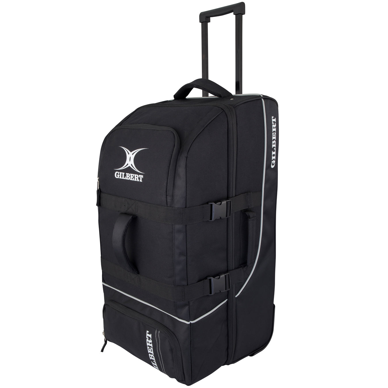 The Gilbert Club Tour Wheeled Holdall, a large black sports travel bag by Gilbert, features wheels, a telescopic handle, side straps, and a zippered front pocket. It is shown standing upright on a white background.
