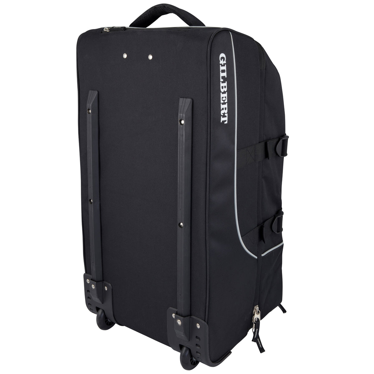 The Gilbert Club Tour Wheeled Holdall features a black design with wheels, top handle, reinforced corners, protective rails, and "GILBERT" branding—ideal as a spacious sports bag for athletes on the move.