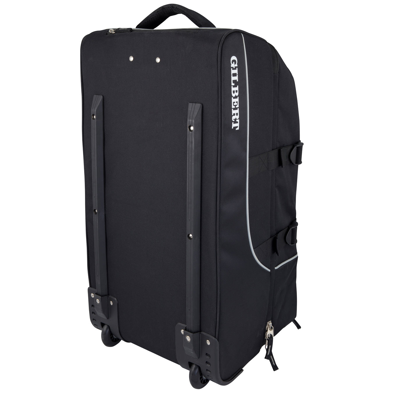 The Gilbert Club Tour Wheeled Holdall features a black design with wheels, top handle, reinforced corners, protective rails, and "GILBERT" branding—ideal as a spacious sports bag for athletes on the move.