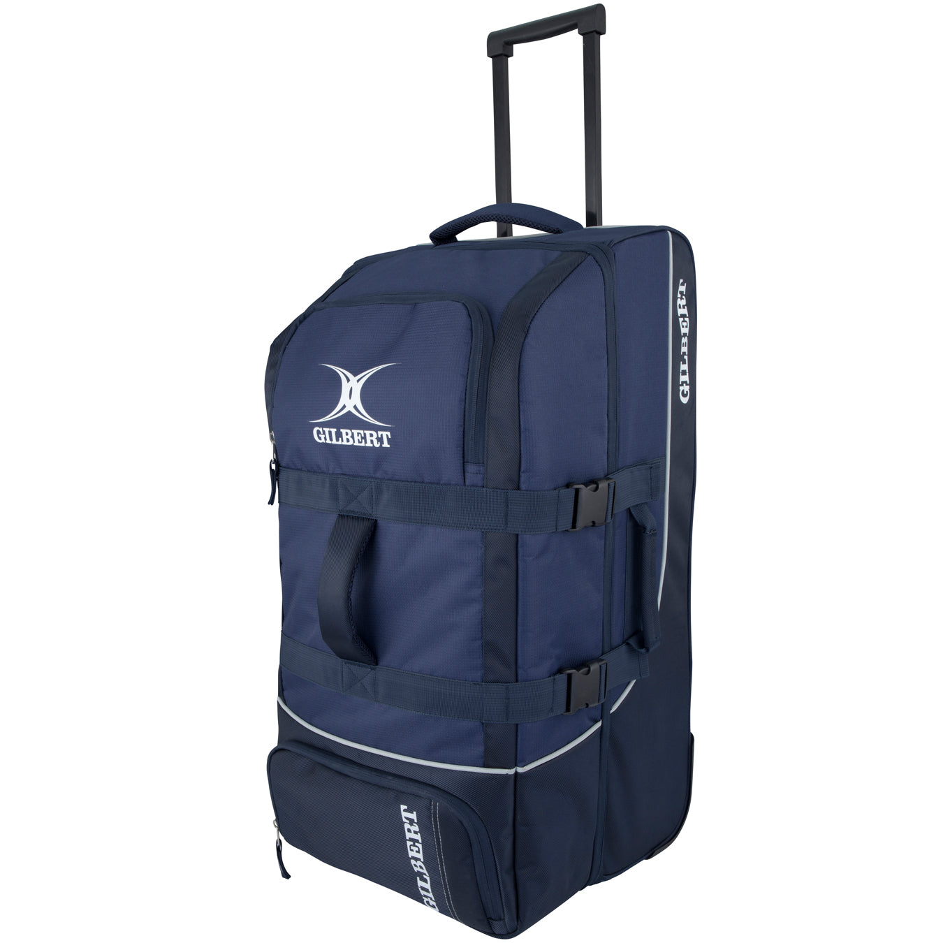 The Gilbert Club Tour Wheeled Holdall in navy blue features wheels, a telescopic handle, multiple zippered compartments, and bold white Gilbert branding—ideal for carrying all your sports gear.