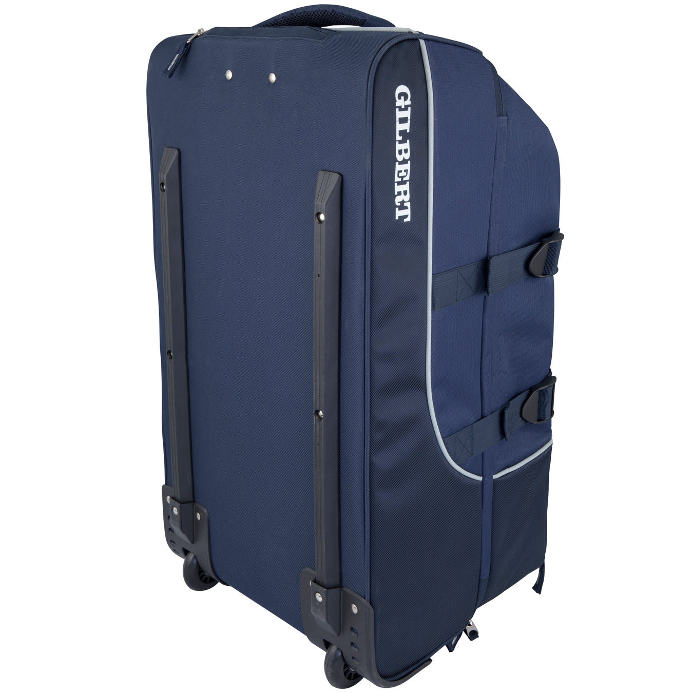 The Gilbert Club Tour Wheeled Holdall by Gilbert is a large navy blue sports bag with black plastic rails, side handles, and "GILBERT" printed in white on the side, shown upright on its wheels.