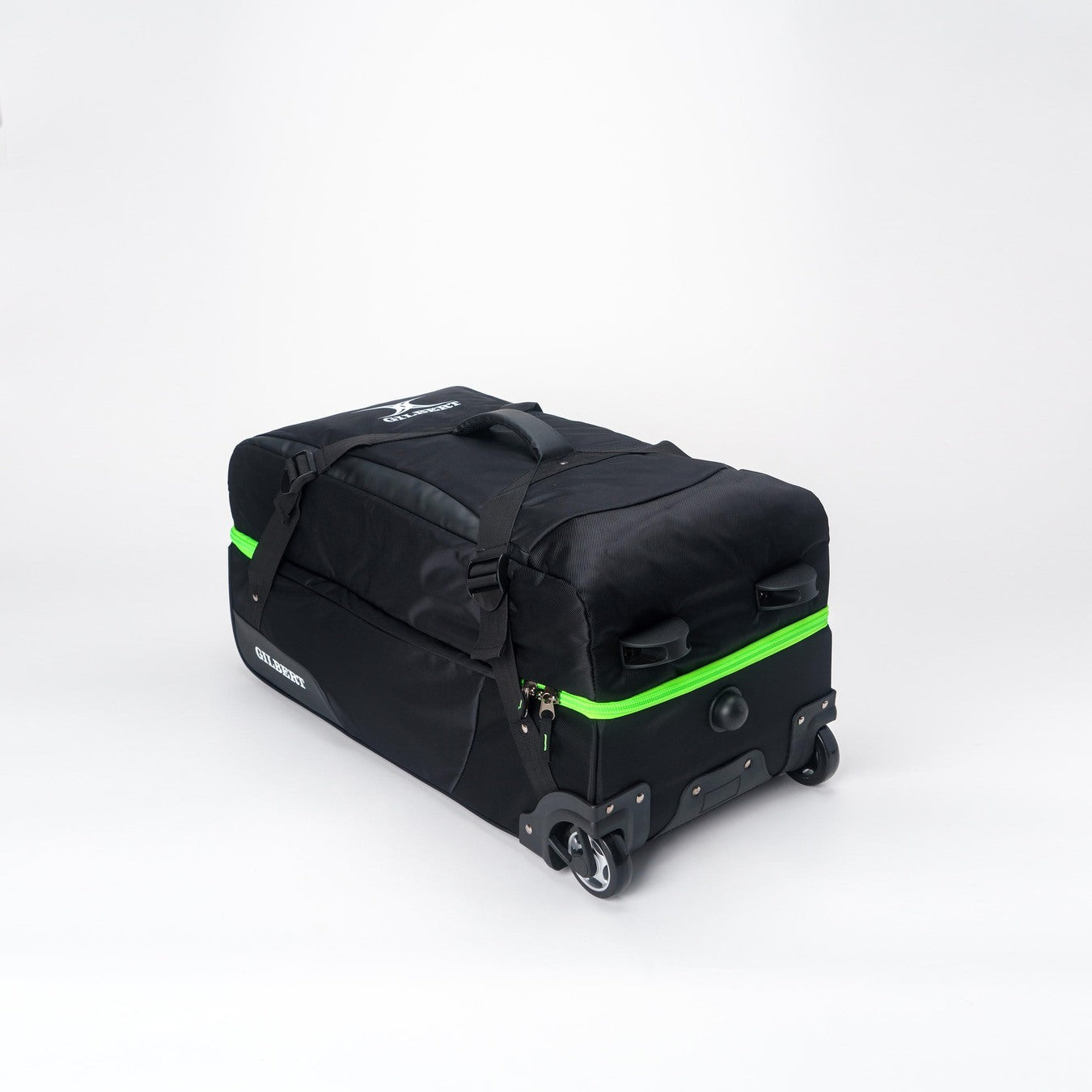 The Gilbert Club Tour Bag V4 by Gilbert is a large black wheeled rugby bag with a green stripe, two handles, side zipper, and reinforced corners, shown on a plain white background.