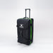 The Gilbert Club Tour Bag V4 by Gilbert is a large black wheeled holdall with a retractable handle, green trim, and the Gilbert logo on the front, shown standing upright on a white background.