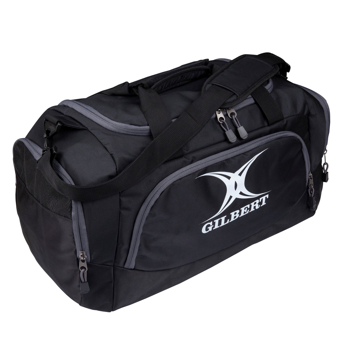 The Gilbert V3 Club Player Holdall is a black sports kit bag with multiple zippered compartments, sturdy shoulder straps, and the GILBERT logo on the front—perfect for carrying your Gilbert gear.