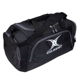 The Gilbert V3 Club Player Holdall is a black sports kit bag with multiple zippered compartments, sturdy shoulder straps, and the GILBERT logo on the front—perfect for carrying your Gilbert gear.