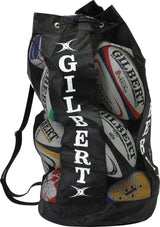 The Gilbert Breathable Ball Bag in black by Gilbert is designed for convenient sports ball storage, holding multiple rugby balls and featuring a breathable design for easy transport.