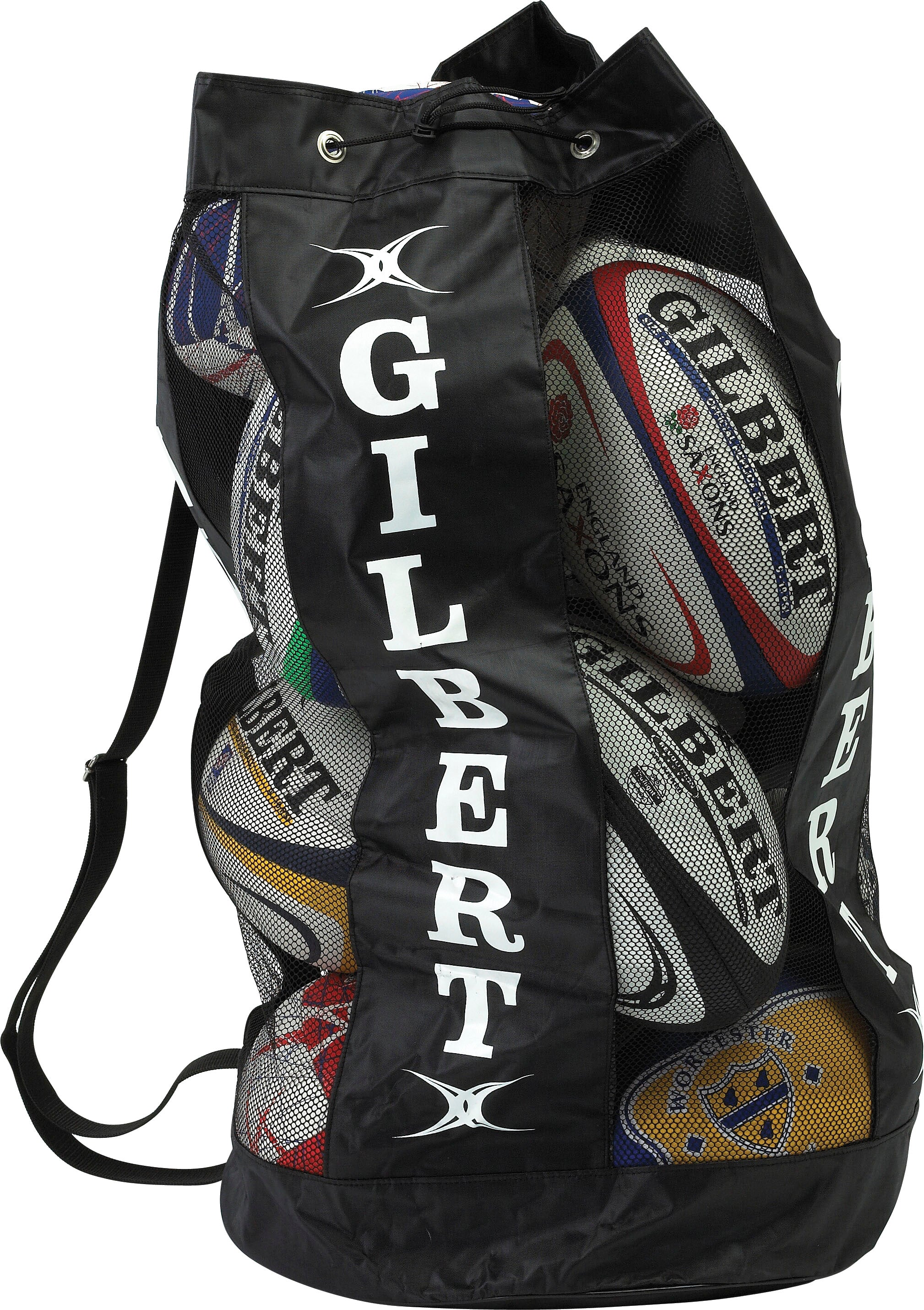 The Gilbert Breathable Ball Bag in black by Gilbert is designed for convenient sports ball storage, holding multiple rugby balls and featuring a breathable design for easy transport.