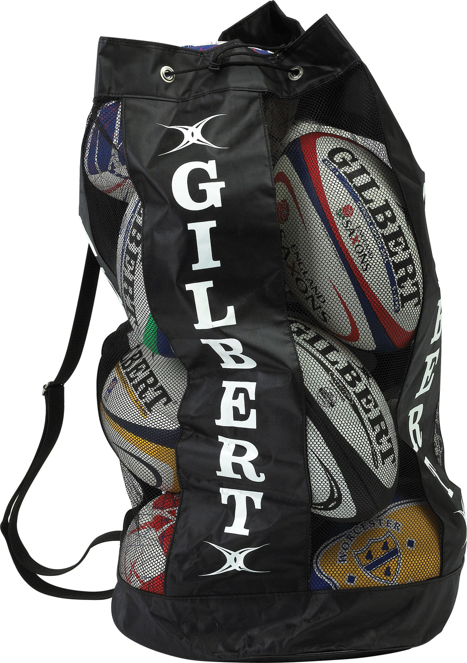 The Gilbert Breathable Ball Bag in black by Gilbert is designed for convenient sports ball storage, holding multiple rugby balls and featuring a breathable design for easy transport.