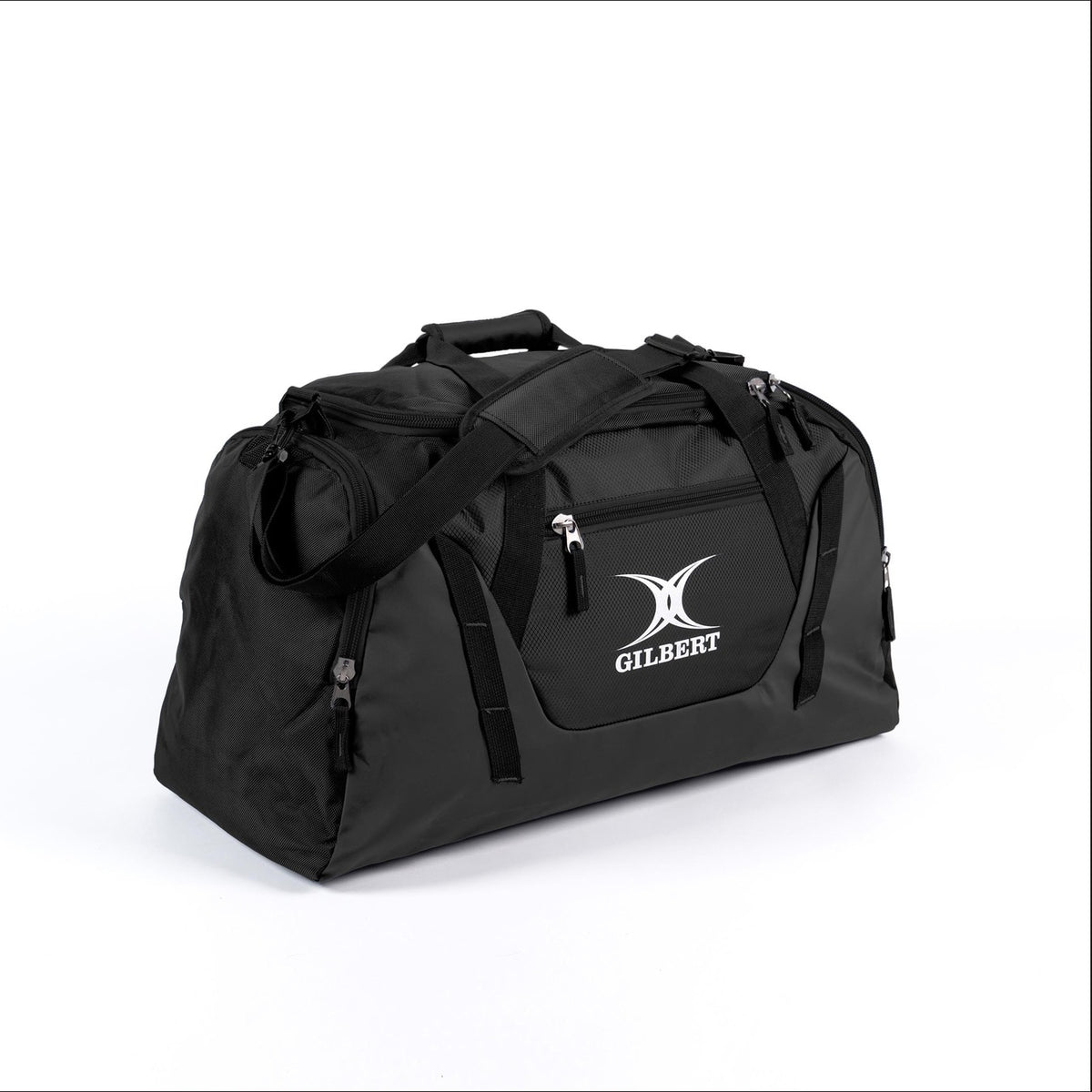 The Gilbert Club V4 Holdall in Black/Black features multiple zippered compartments, a shoulder strap, carry handles, and a front pocket with the white Gilbert logo—making it the perfect go-to sports bag.